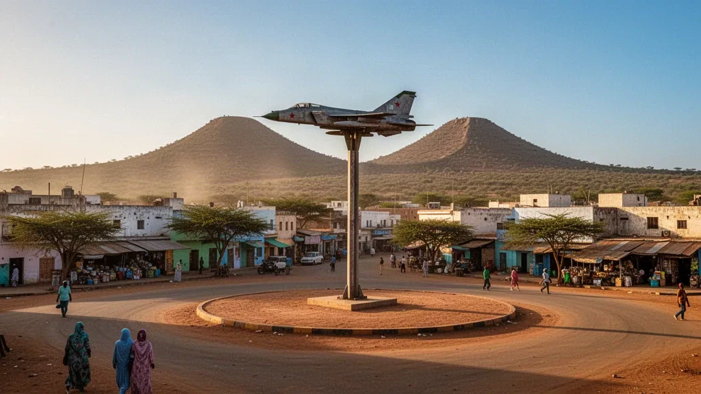 Hargeisa cityscape in Somaliland's Woqooyi Galbeed region with the MiG war memorial monument at golden hour