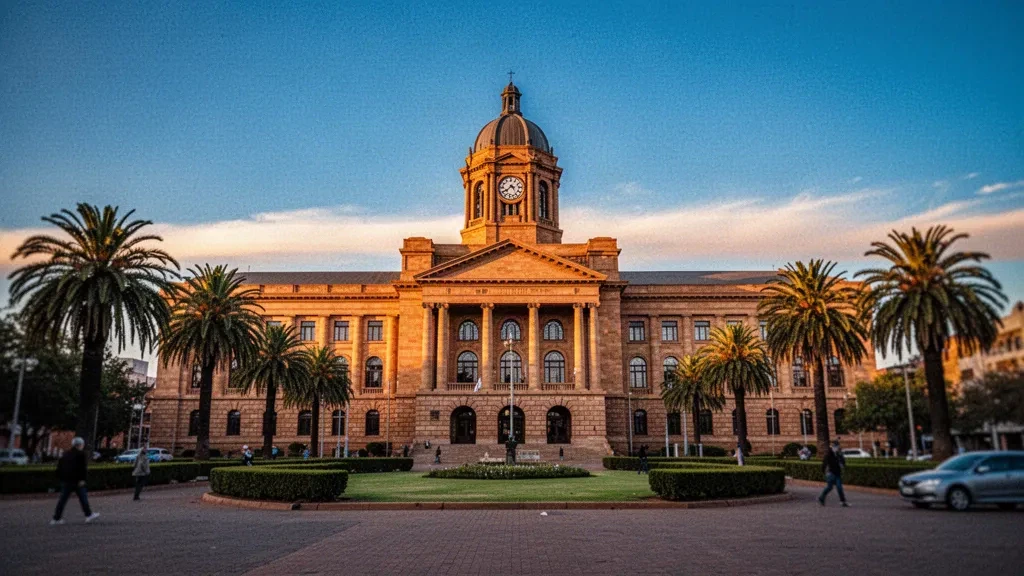 Hôtel de ville de Bloemfontein dans l'État libre, en Afrique du Sud, baigné d'une lumière dorée d'après-midi avec sa tour d'horloge à dôme et sa façade en grès