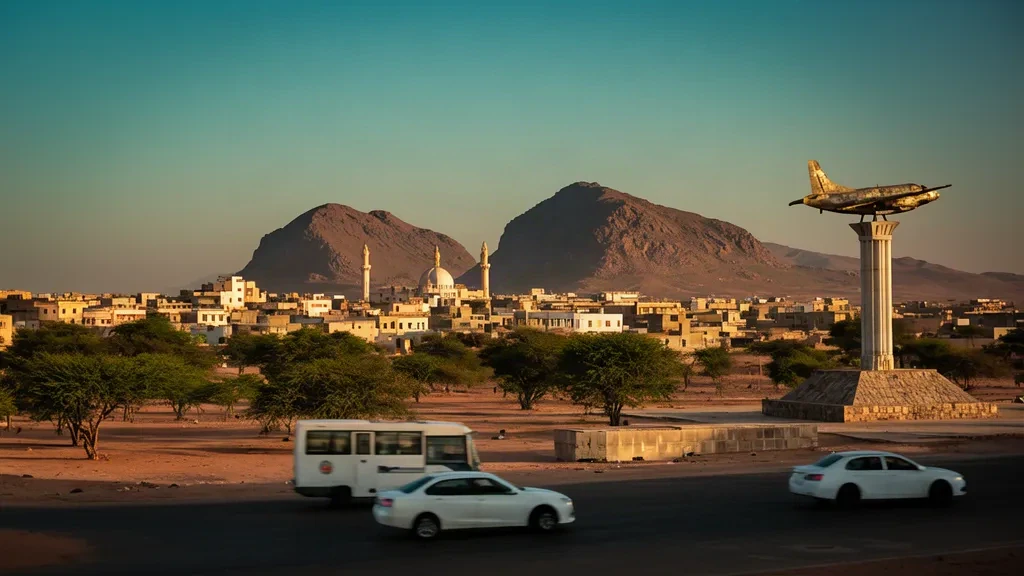 Amplia vista de Hargeisa, Somalilandia, a la hora dorada, con el horizonte urbano, el monumento a los caídos en la guerra y las colinas de Naasa Hablood en el horizonte