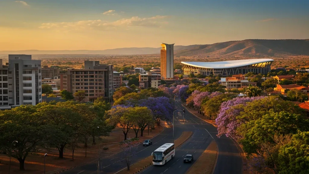 Horizonte urbano de Polokwane en Limpopo, Sudáfrica, a la hora dorada, con el estadio Peter Mokaba y avenidas arboladas bajo colinas lejanas brumosas