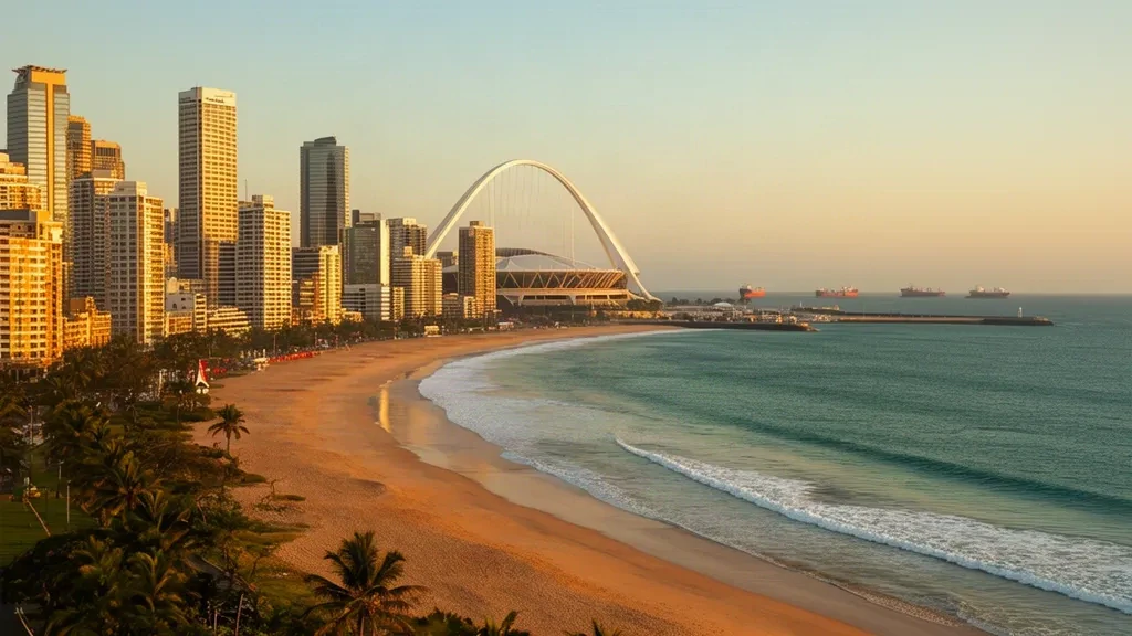 Panorámica del paseo marítimo de Durban y Golden Mile a la hora dorada con el arco del Estadio Moses Mabhida, KwaZulu-Natal, Sudáfrica