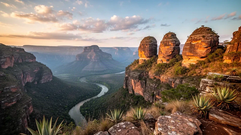 Tre Rondavels che si ergono sopra il Blyde River Canyon in Mpumalanga, Sudafrica, immersi nella calda luce dell'ora d'oro