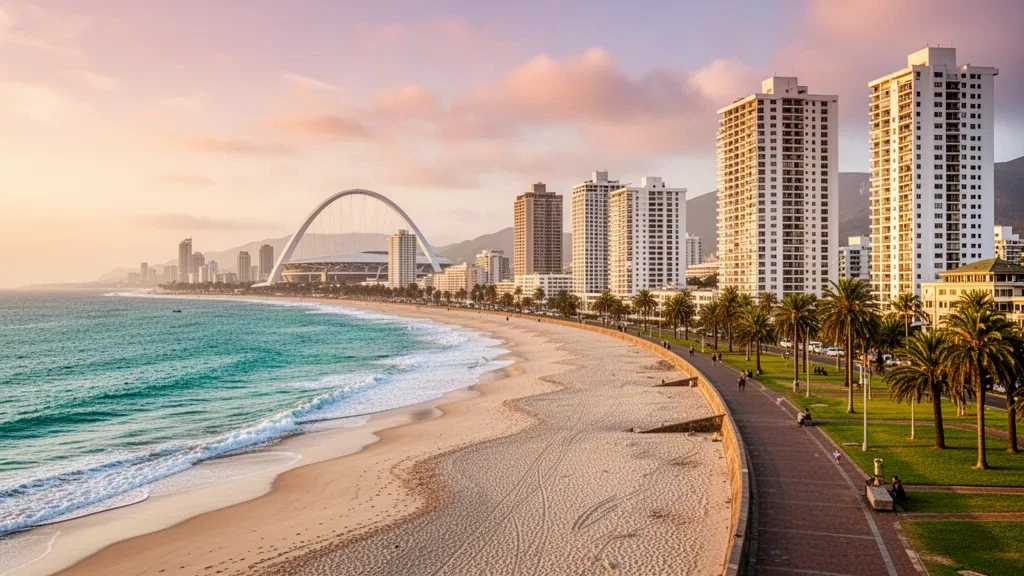 Front de mer de la Golden Mile de Durban et panorama du littoral au KwaZulu-Natal, en Afrique du Sud, baignés par la lumière dorée au-dessus du ressac de l'océan Indien.