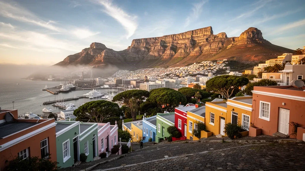 Güney Afrika'nın Western Cape bölgesinde, altın saatlerde Cape Town'ın şehir merkezi ve su kenarı üzerinde yükselen Table Mountain