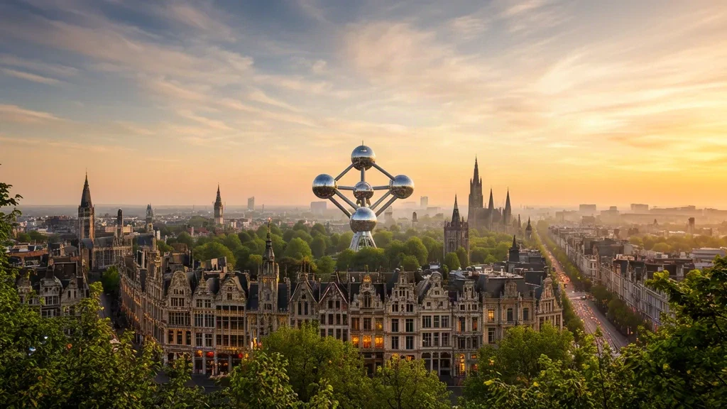 Golden-hour view over Brussels, Belgium, with the Atomium and historic city centre rooftops fading into soft haze