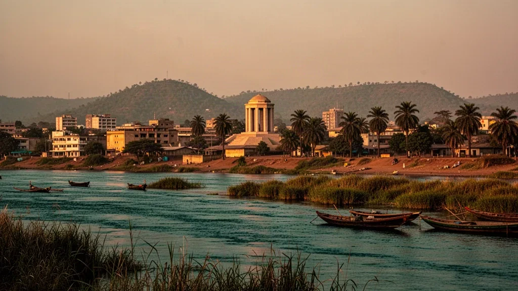 Blick zur goldenen Stunde auf die Skyline von Juba am Weißen Nil in Central Equatoria, Südsudan