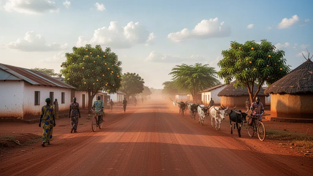 Rue de terre rouge avec des tukuls en chaume, des manguiers et du bétail à Rumbek, capitale de l'État des Lacs, au Soudan du Sud