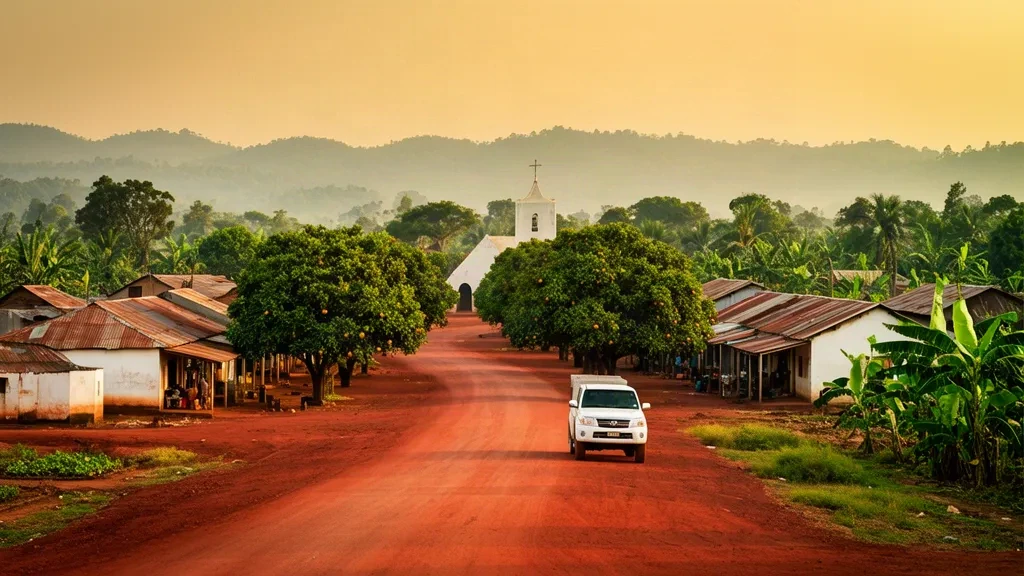 Blick zur goldenen Stunde über Yambio, Western Equatoria, Südsudan, mit rotbraunen Erdstraßen, Mangobäumen und grünen Hügeln hinter der Stadt.