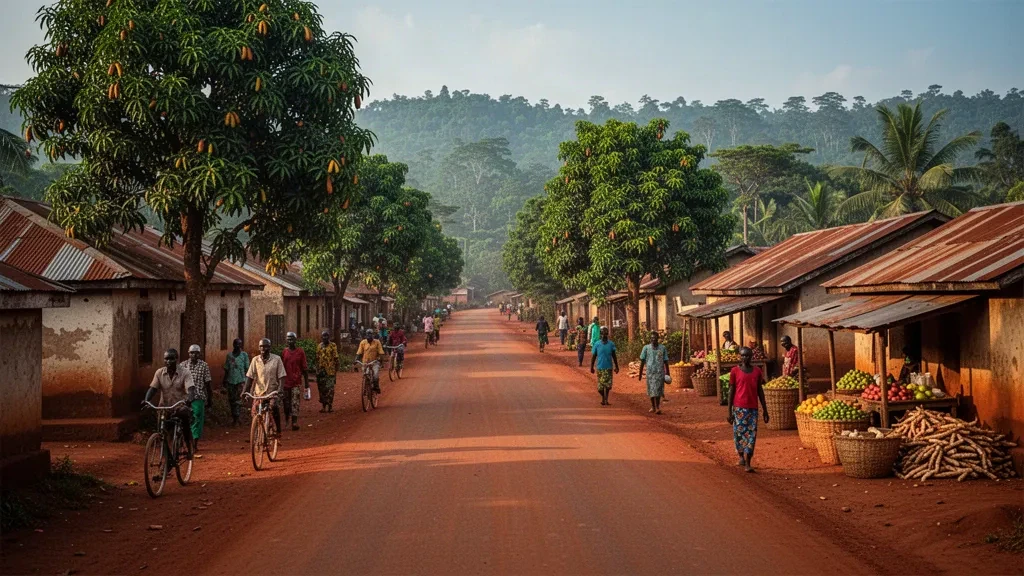 Escena callejera durante la hora dorada en Yambio, Ecuatoria Occidental, Sudán del Sur, con carreteras de laterita roja, mangos, edificios bajos y puestos de mercado locales