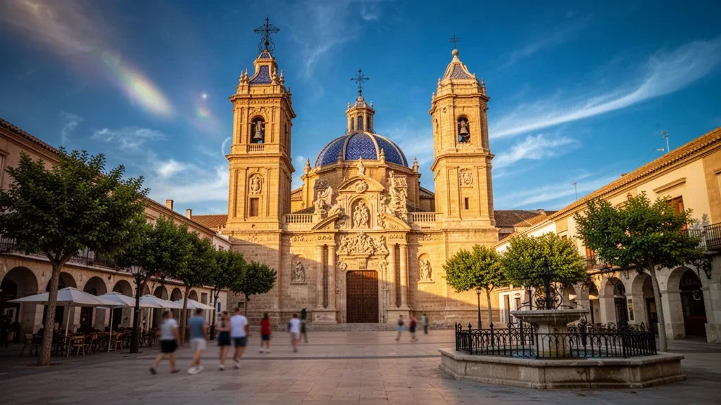 Catedral de Albacete y su cúpula de tejas azules elevándose sobre la Plaza de la Catedral en Castilla-La Mancha, España, a la hora dorada.