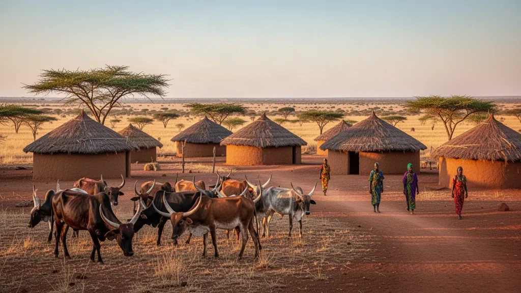 Traditional thatched-roof tukuls and cattle in a savanna village under a warm golden sky in Warrap, South Sudan.