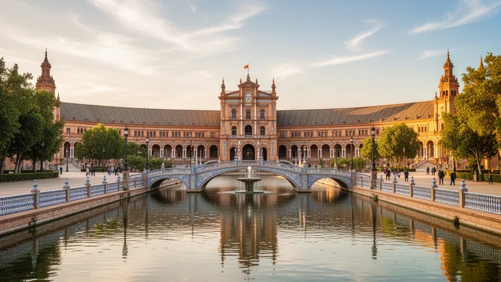 Plaza de España a Siviglia, in Andalusia, illuminata dal sole, con il suo palazzo semicircolare piastrellato, il canale e i ponti ad arco.
