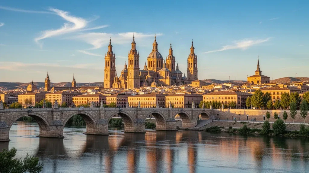 Golden hour view of Zaragoza skyline featuring Basílica del Pilar and Puente de Piedra over the Ebro River in Aragon, Spain.