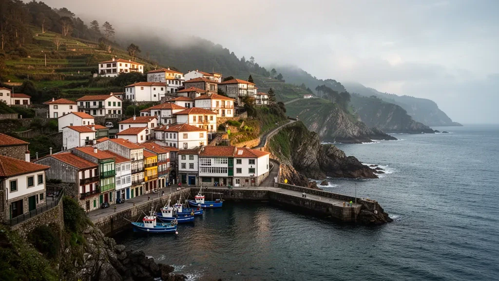 Casas coloridas de la aldea pesquera de Cudillero apiladas en una ladera verde sobre el puerto atlántico en Asturias, España