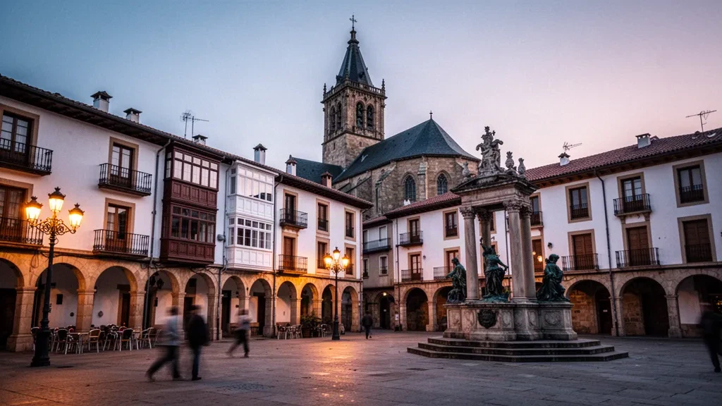 Plaza de la Virgen Blanca en Vitoria-Gasteiz, Araba, País Vasco, al atardecer con la torre de la iglesia de San Miguel y fachadas porticadas
