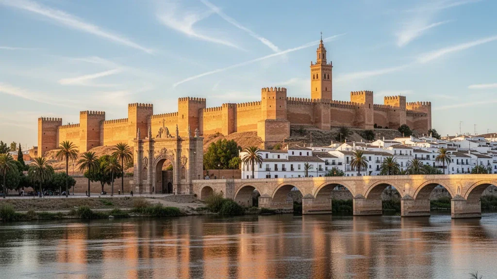 Blick zur goldenen Stunde auf die Festungsmauern und Türme der Alcazaba von Badajoz über dem Guadiana in Extremadura, Spanien