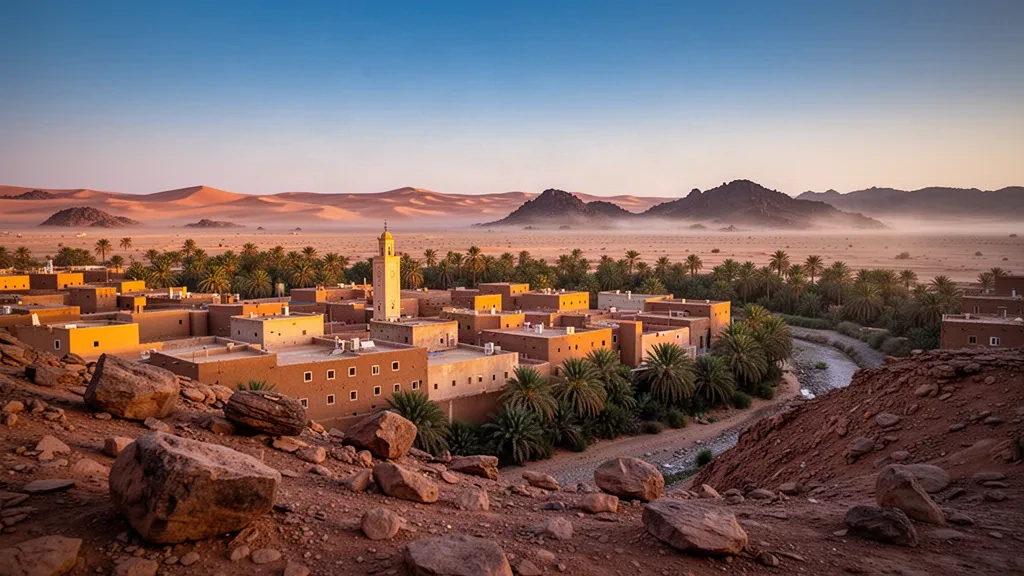 Veduta di Tindouf, Algeria, durante l'ora d'oro, con edifici saharani color ocra, il minareto di una moschea e palmeti contro le colline desertiche.