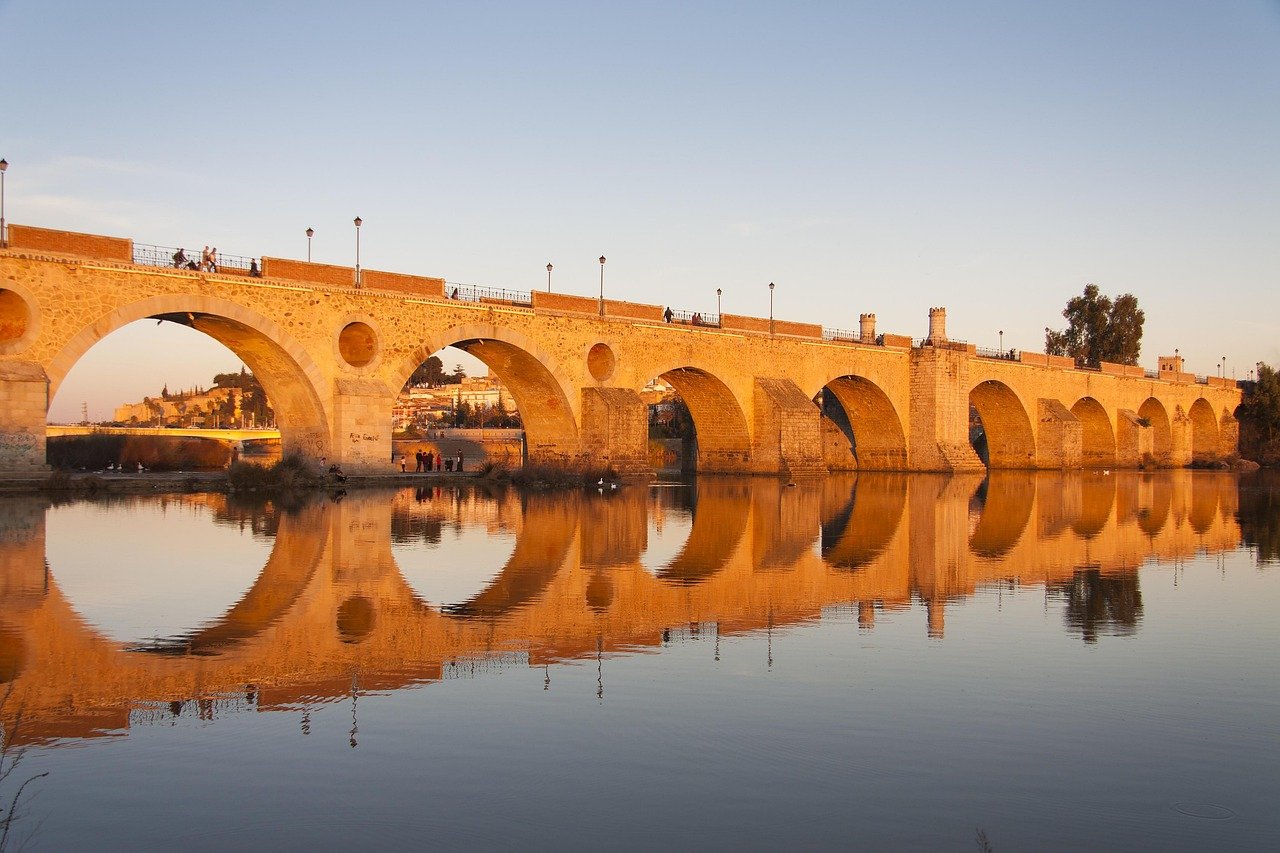 ponte, badajoz, guadiana, tramonto, estremadura, spagna, passeggiata, natura, riflesso