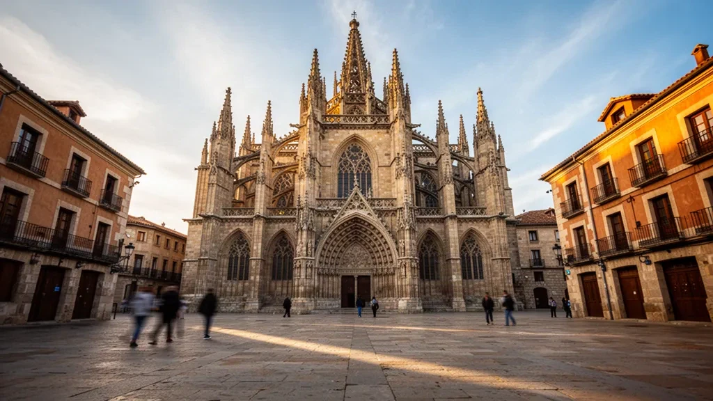 La catedral de Burgos, en España, domina la Plaza de Santa María bajo una luz dorada, con sus agujas góticas y su fachada de piedra caliza resplandeciendo sobre el centro histórico de la ciudad