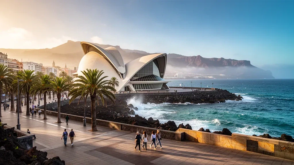 Frente marítimo de Santa Cruz de Tenerife durante la hora dorada con su auditorio blanco curvo, palmeras y el océano Atlántico, Islas Canarias