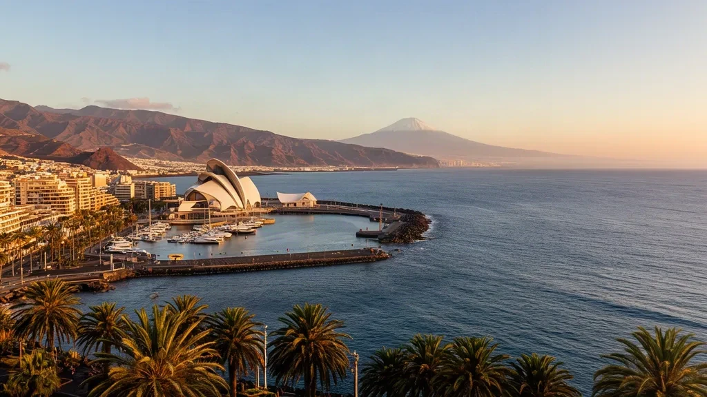 Veduta all'ora d'oro su Santa Cruz de Tenerife con l'Auditorio, il porto e la costa atlantica nelle Isole Canarie