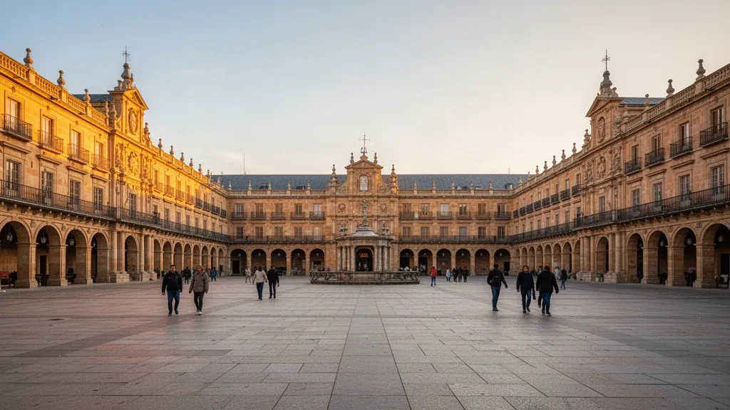 Golden sandstone arcades and baroque facades of Plaza Mayor in Salamanca, Castile and León, Spain, glowing at sunset.