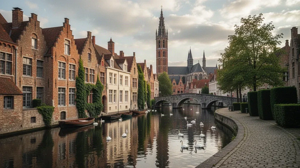 Kanal in Brügge mit mittelalterlichen Backsteinhäusern mit Stufengiebeln, Bogenbrücke und dem Belfried bei sanftem Tageslicht, Westflandern, Belgien