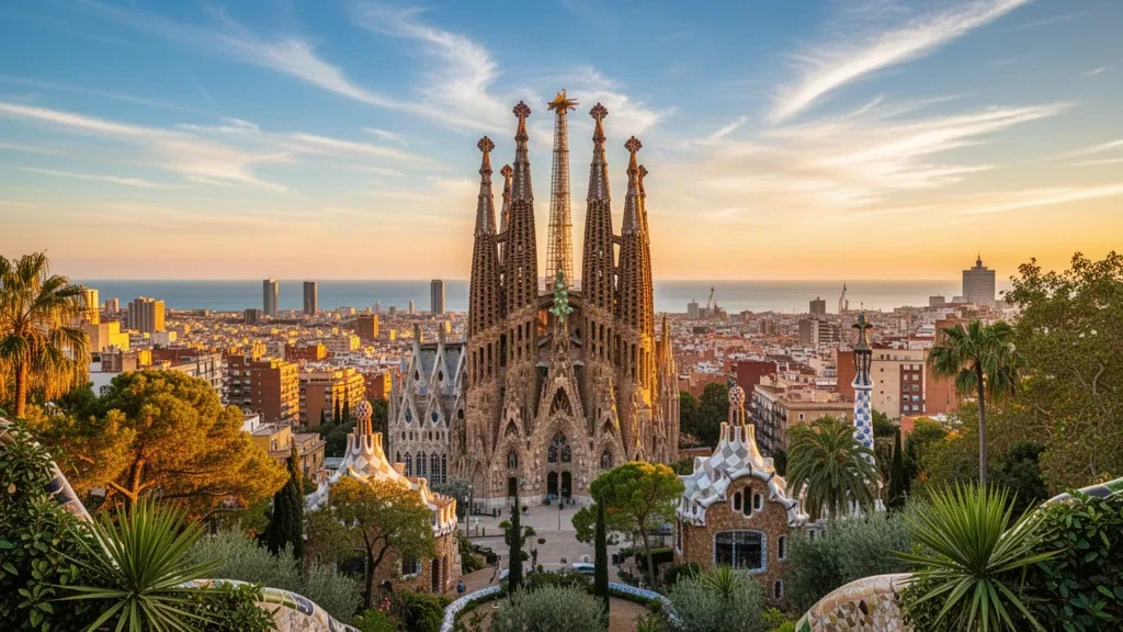 Veduta all'ora d'oro della basilica simbolo della Sagrada Família di Barcellona che si erge sopra la città, con luce solare calda e cielo limpido.