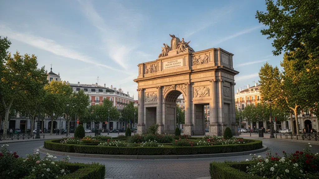 Puerta de Alcalá stone gateway in Madrid, Spain, lit by warm golden-hour sun beside trees and gardens at Plaza de la Independencia
