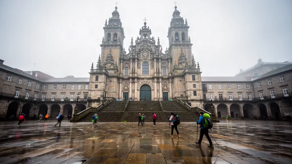 Facciata in granito della Cattedrale di Santiago de Compostela sopra la piazza Praza do Obradoiro in Galizia, Spagna, sotto una luce atlantica soffusa