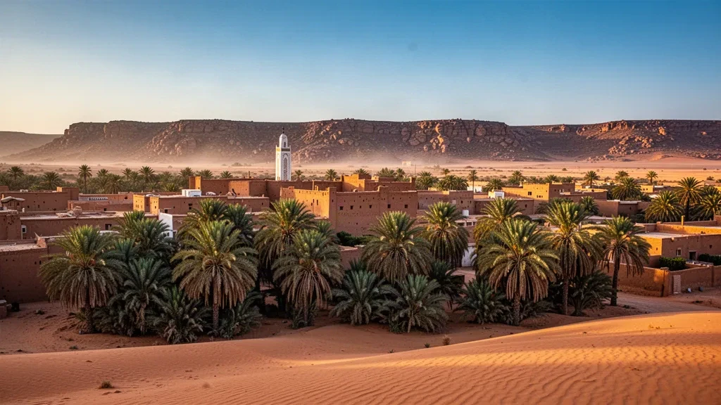 Mud-brick ksar houses and date palm groves of the Saharan oasis town of In Salah, Algeria, glowing in golden desert light