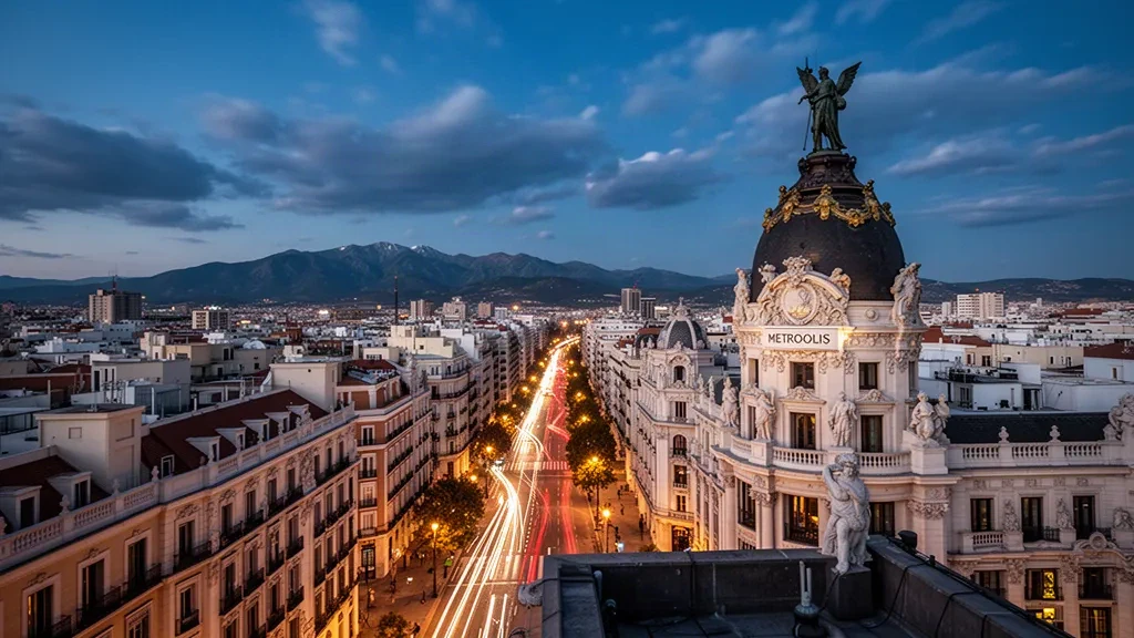 Vista urbana de Madrid a la hora azul con el horizonte de la Gran Vía y los tejados del Edificio Metrópolis en España