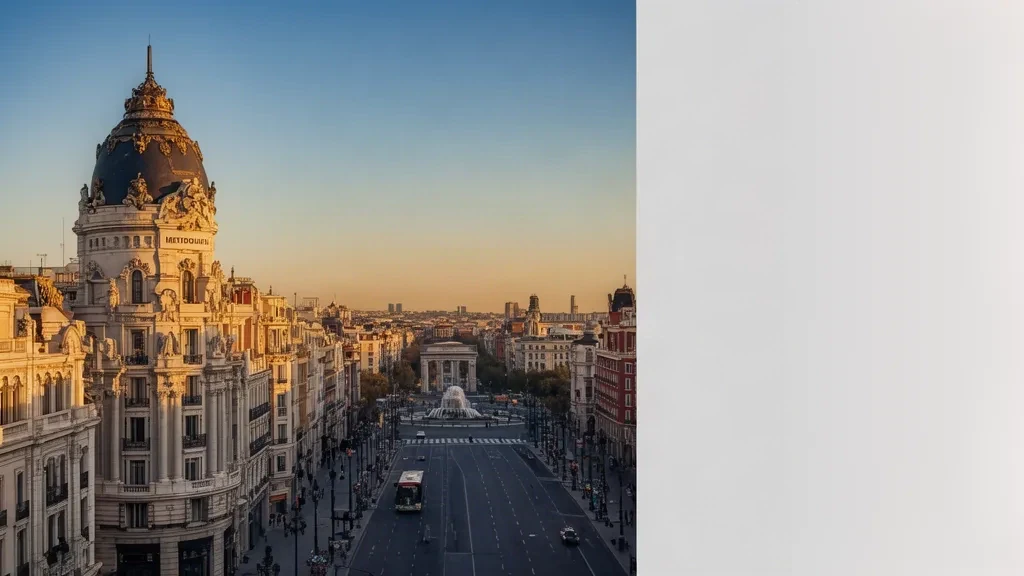 Altın saatlerde Metropolis Binası ve Gran Vía ile Madrid silüeti, İspanya'nın başkenti üzerinde sıcak akşam ışığı