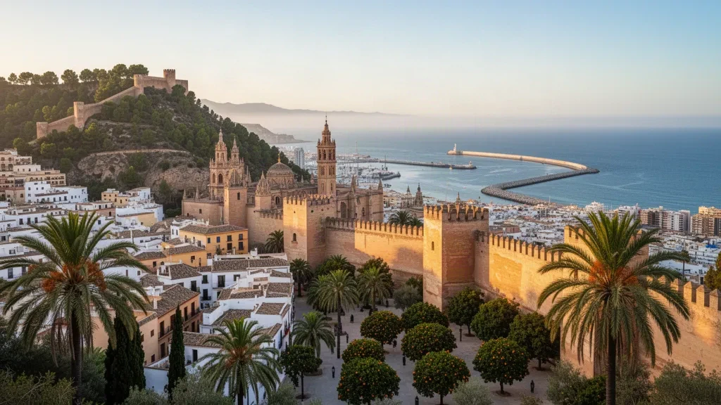 Veduta all'ora d'oro della fortezza dell'Alcazaba di Málaga e del castello di Gibralfaro sopra il centro storico e la costa mediterranea in Andalusia