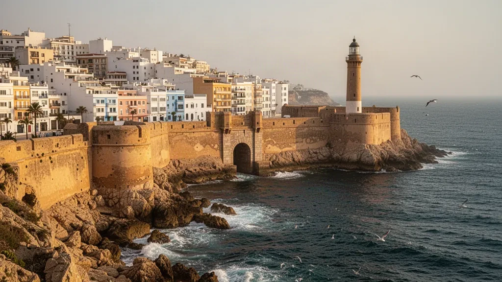 Blick zur goldenen Stunde auf die Festungsmauern von Melilla la Vieja und den Leuchtturm über der Mittelmeerküste in Melilla, Spanien