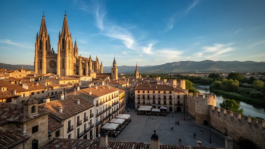 Golden-hour view over Pamplona's old town in Navarre, Spain, with cathedral towers and terracotta rooftops under a clear evening sky