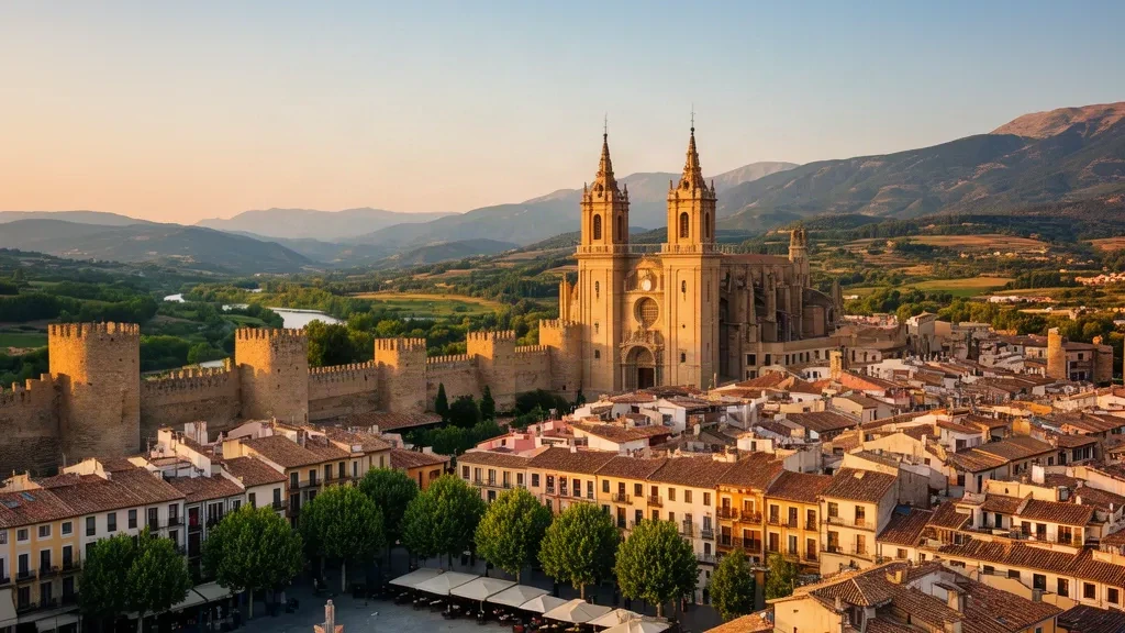 Skyline der Altstadt von Pamplona in Navarra, Spanien zur goldenen Stunde, mit Kathedraltürmen, mittelalterlichen Stadtmauern und Dächern aus Terrakotta