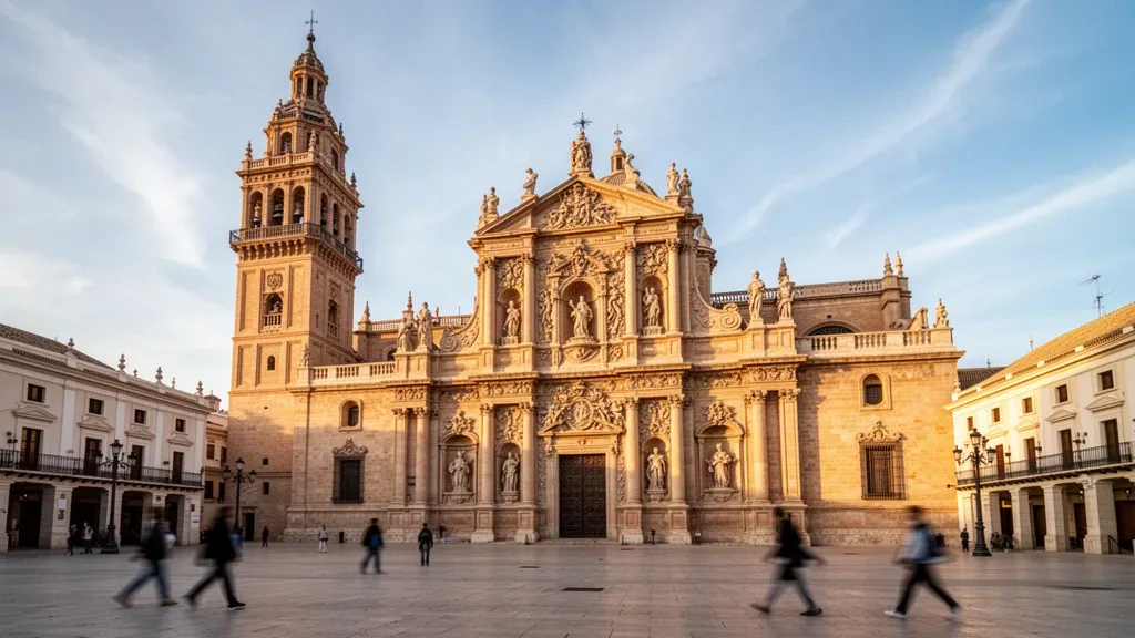 Murcia, İspanya'daki Plaza del Cardenal Belluga'ya bakan Murcia Katedrali'nin barok cephesi ve çan kulesi