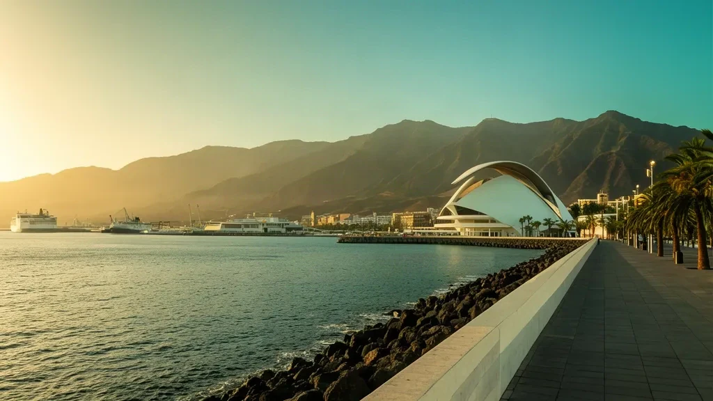 Santa Cruz de Tenerife waterfront at golden hour with the Auditorio de Tenerife and Anaga mountains behind