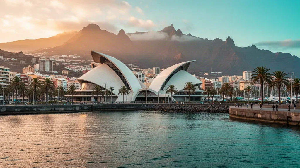 Auditorio de Tenerife y el puerto atlántico a la hora dorada en Santa Cruz de Tenerife, España