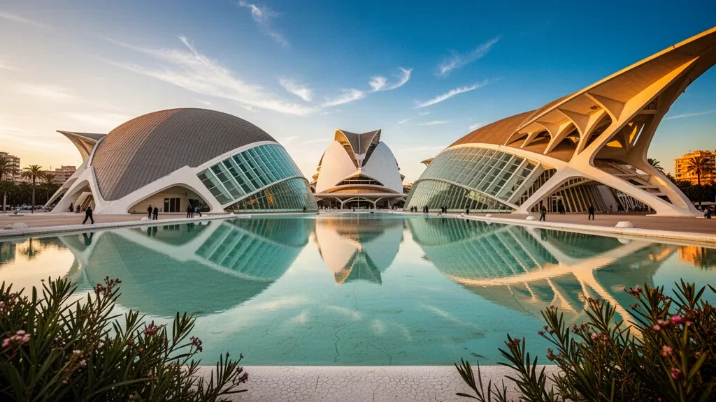 Skyline di Valencia all'ora d'oro con la futuristica Città delle Arti e delle Scienze e vasche riflettenti in Spagna