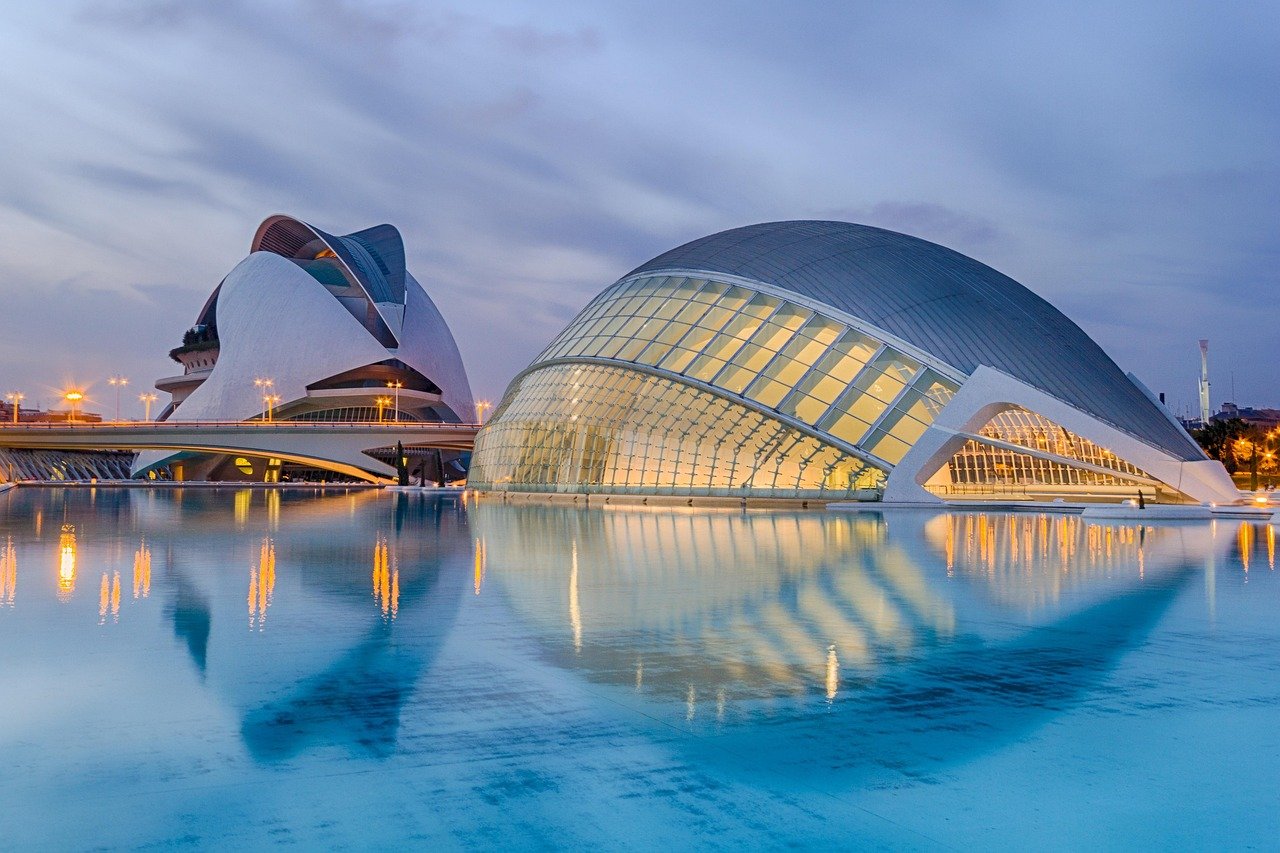 valencia, spain, calatrava, sunset, nature, city of arts, city of sciences, architecture, modernity