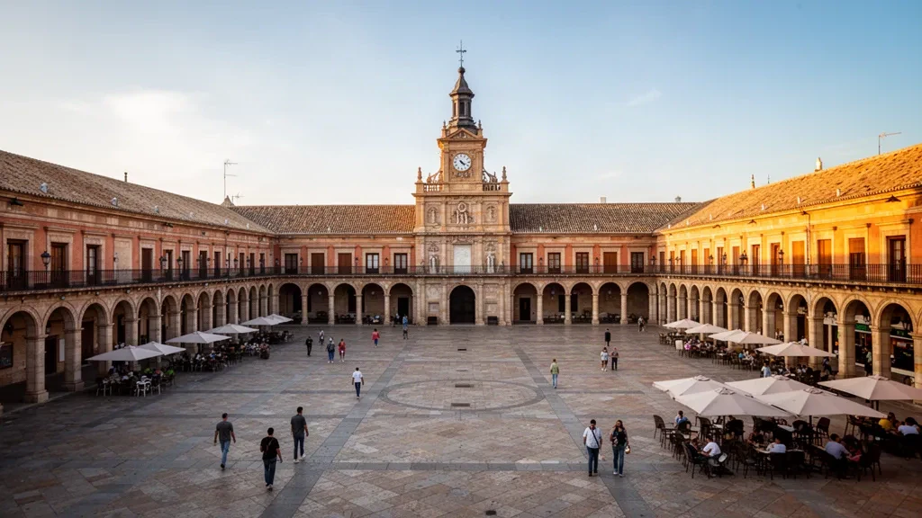 Vue à l'heure dorée sur la Plaza Mayor de Valladolid en Espagne, avec des bâtiments ocre à arcades, la tour de l'horloge de l'hôtel de ville et des personnes se promenant sur la place en pierre