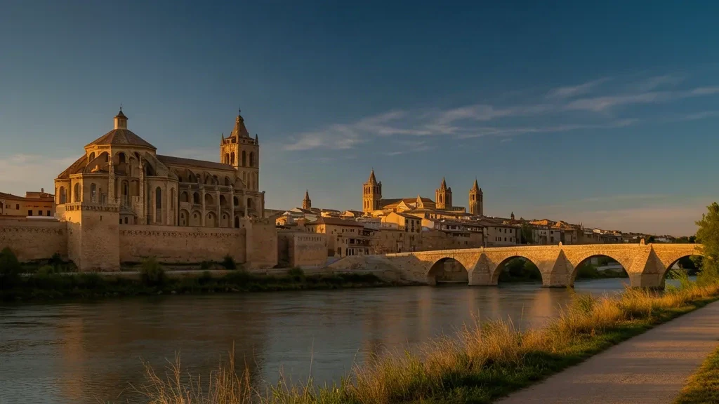 Catedral de Zamora y murallas medievales sobre el río Duero en Castilla y León, España, fotografiadas en la hora dorada.