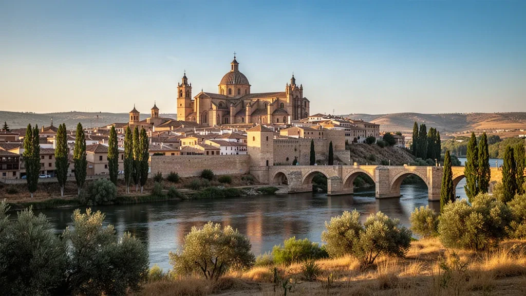 Casco antiguo de Zamora, España, en la hora dorada, con la cúpula de la catedral románica y el puente de piedra que cruza el río Duero