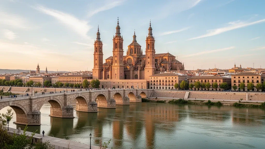 Zaragoza, İspanya'da altın saatte Ebro Nehri üzerindeki Taş Köprü ve Basilica del Pilar
