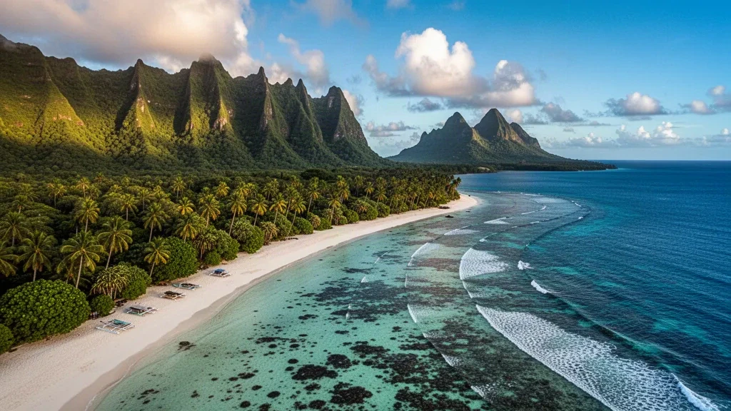 Laguna turquesa y arena blanca de la playa de Ofu en las islas Manuʻa, Samoa Americana, bajo abruptos picos volcánicos verdes