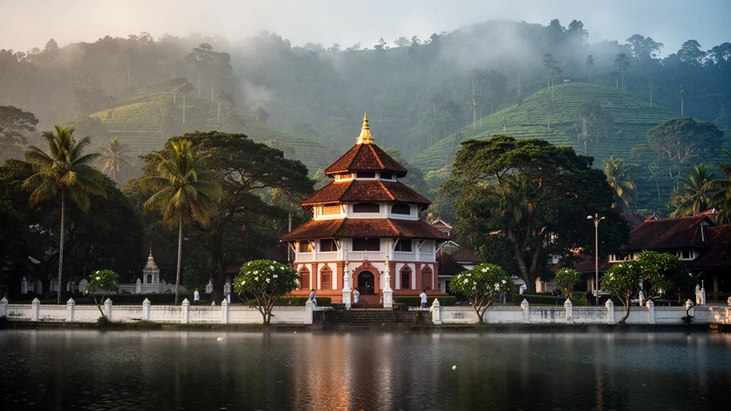 Kandys Zahntempel und Seeufer in der Zentralprovinz Sri Lankas, umrahmt von nebligen smaragdgrünen Hügeln zur goldenen Stunde