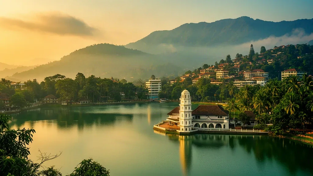 Altın saatte, Kandy Gölü kıyısındaki Kutsal Diş Emaneti Tapınağı ile Sri Lanka'nın yeşil merkez yaylalarıyla çevrili Kandy silüeti.