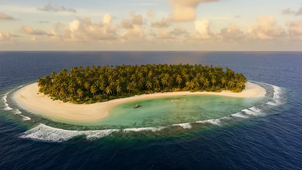 Luftaufnahme des Swains Island Atolls in Amerikanisch-Samoa, eine türkisfarbene Lagune umgeben von Kokospalmen, Korallensand und dem offenen Pazifischen Ozean